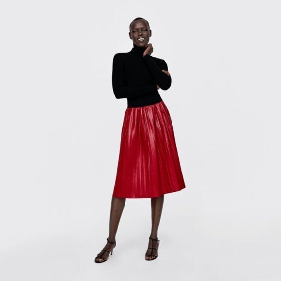 NWOT Zara rich dark red faux leather pleated A-line midi skirt, M - Picture 1 of 10